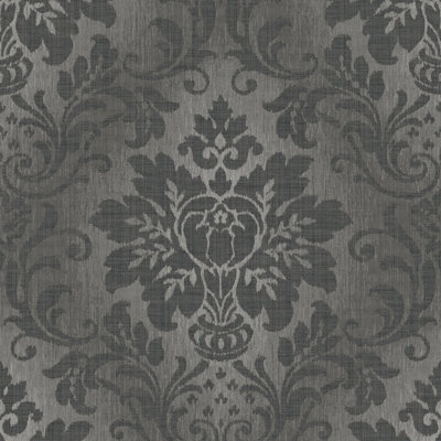 Grandeco Fabric Effect Distressed Damask Wallpaper, Charcoal Grey