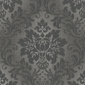 Grandeco Fabric Effect Distressed Damask Wallpaper, Charcoal Grey