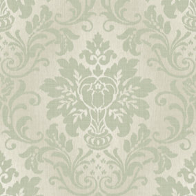 Grandeco Fabric Effect Distressed Damask Wallpaper, Sage Green