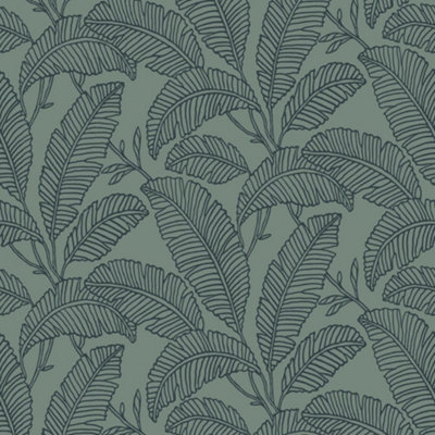 Grandeco Fay Leaf Sketch Foliage Blown Vinyl Wallpaper, Green