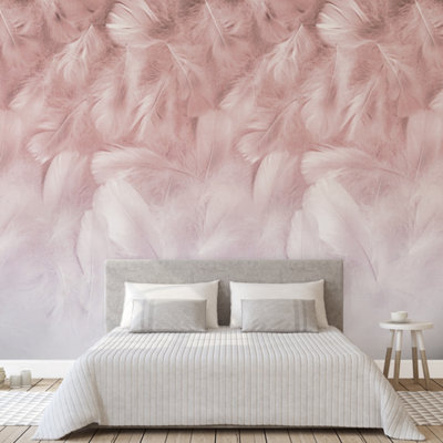 Grandeco Feathers 3 panel repeatable Textured Mural, Pink, 2.8 x 1.59m