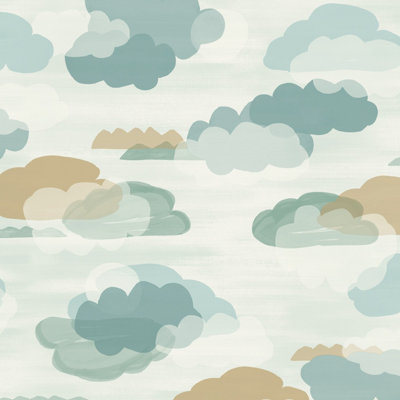 Grandeco Figari Fluffy Clouds Nursery Textured Wallpaper, Green