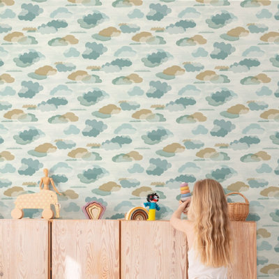 Grandeco Figari Fluffy Clouds Nursery Textured Wallpaper, Teal Green