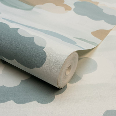 Grandeco Figari Fluffy Clouds Nursery Textured Wallpaper, Teal Green