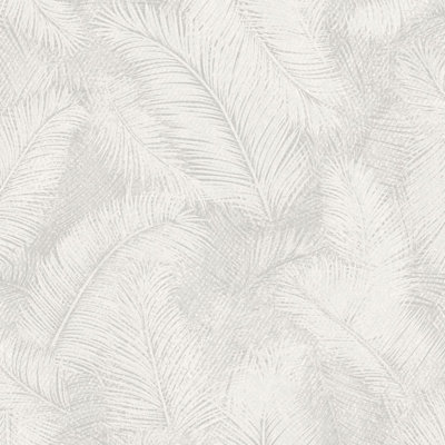 Grandeco  Floating Leaf Feather Textured Wallpaper,  White