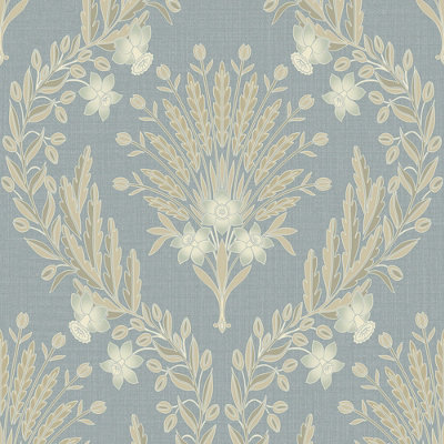 Grandeco Flora Damask Blown Vinyl Light Blue Wallpaper