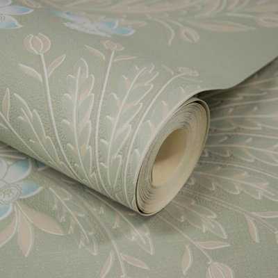 Grandeco Flora Damask Blown Vinyl Sage Green Wallpaper