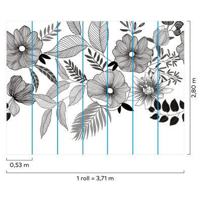 Grandeco Flourish Flowers 7 Lane Textured Mural, Monochrome  2.8 x 3.71m