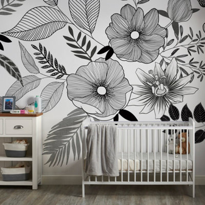 Grandeco Flourish Flowers 7 panel Repeatable Textured Mural, Monochrome  3.71 x 2.8m