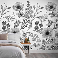 Grandeco Flower Silhouette 3 lane repeatable Textured Mural, 2.8 x 1.59m, White