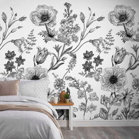 Grandeco Flower Silhouette 3 lane repeatable Textured Mural, 2.8 x 1.59m, White
