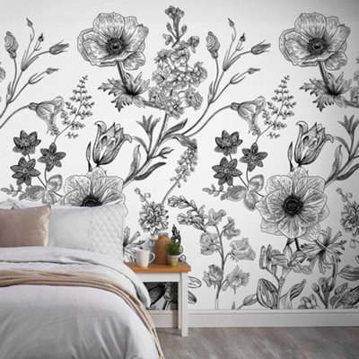 Grandeco Flower Silhouette 3 panel repeatable Textured Mural, 1.59 x 2.8m, White