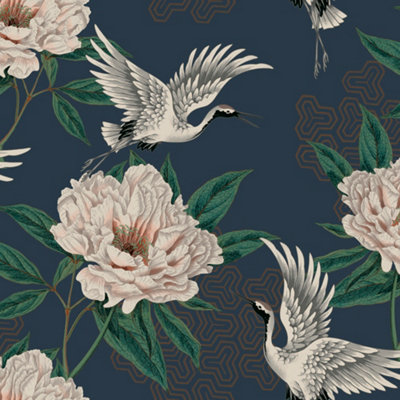 Grandeco Flying Cranes Geo Navy Smooth Metallic Wallpaper