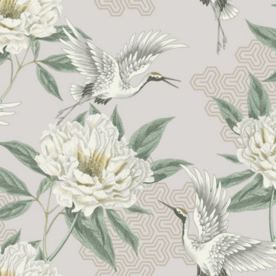 Grandeco Flying Cranes Geo Warm Grey Smooth Metallic  Wallpaper