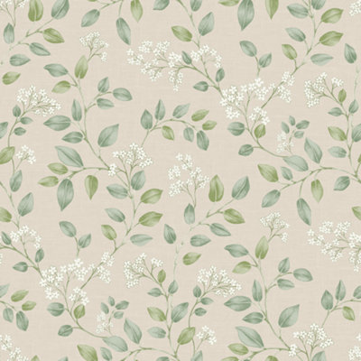 Grandeco Forget Me Not Leaf Trail Smooth Paper, Neutral Green