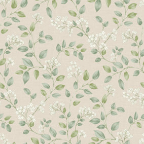 Grandeco Forget Me Not Leaf Trail Smooth Paper, Neutral Green
