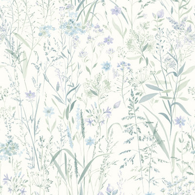 Grandeco Free Flower Sprigs and Grass Wallpaper, Lilac Blue Green