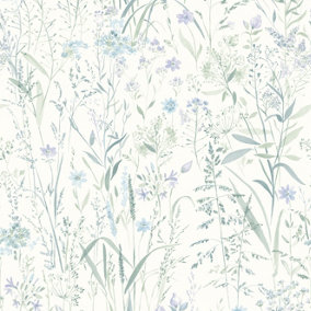 Grandeco Free Flower Sprigs and Grass Wallpaper, Lilac Blue Green