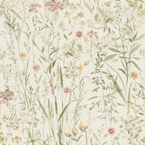 Grandeco Free Flower Sprigs and Grass Wallpaper, Natural