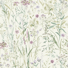 Grandeco Free Flower Sprigs and Grass Wallpaper, Pink