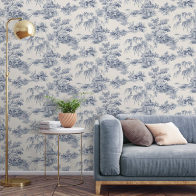 Grandeco French Vintage Toile Trees Smooth Wallpaper, Blue