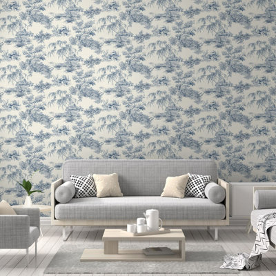 Grandeco French Vintage Toile Trees Smooth Wallpaper, Blue