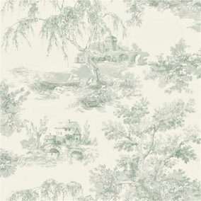 Grandeco French Vintage Toile Trees  Smooth Wallpaper, Green