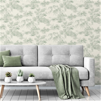 Grandeco French Vintage Toile Trees  Smooth Wallpaper, Green