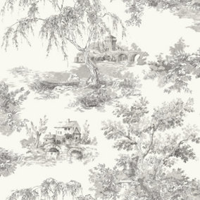 Grandeco French Vintage Toile Trees  Smooth Wallpaper, Grey