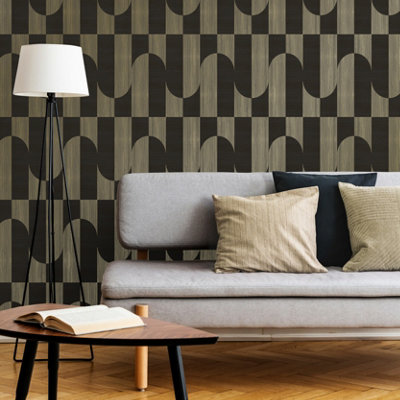 Grandeco Gael Geometric Shapes Textured Wallpaper, Black Gold