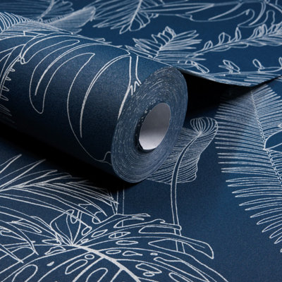 Grandeco Galapalos Sketch Leaf Sprig Foliage Blown Vinyl Wallpaper, Navy