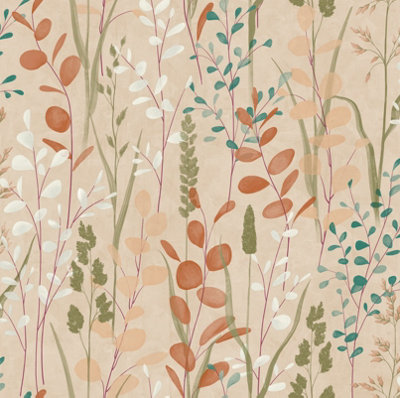 Grandeco Galia Watercolour Wild Flower Medow Textured Wallpaper, Coral Pink