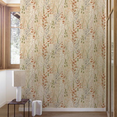 Grandeco Galia Watercolour Wild Flower Medow Textured Wallpaper, Coral Pink