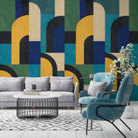 Grandeco Geo Modernist Shapes Repeatable Wallpaper Mural 159 x 280cm, Blue