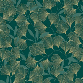 Grandeco Gingko Leaf Textured Metallic Wallpaper, Green