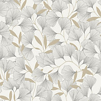Grandeco Gingko Leaf Textured Metallic Wallpaper, White Gold
