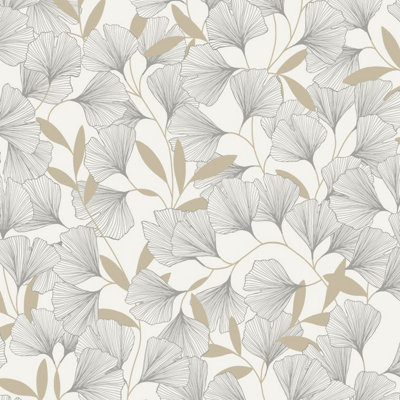 Grandeco Gingko Leaf Textured Metallic Wallpaper, White Gold