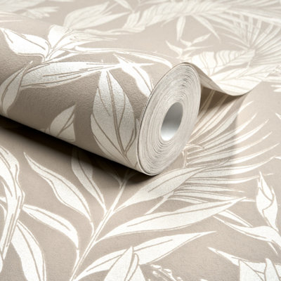 Grandeco Glistening Lucia Tropical Foliage Blown Vinyl Wallpaper, Beige