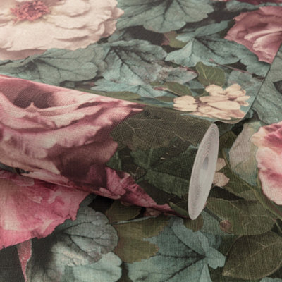 Grandeco Gramersby Vintage Rose Maxi Floral Blooms Wallpaper, Pink