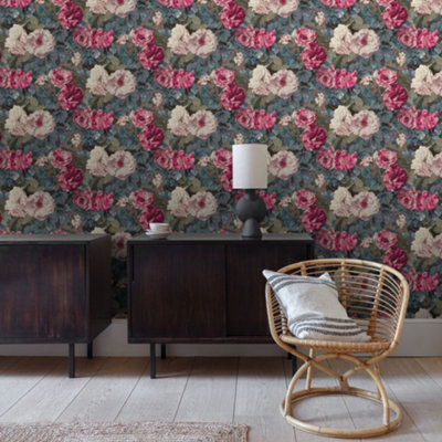 Grandeco Gramersby Vintage Rose Maxi Floral Blooms Wallpaper, Pink