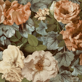 Grandeco Gramersby Vintage Rose Maxi Floral Blooms Wallpaper, Russet Sage