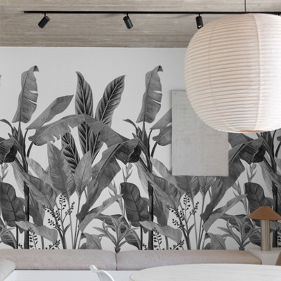 Grandeco Graphic Palm Leaves 3 Lane Repeatable Wallpaper Mural 1.59 x 2.8m, Black & White