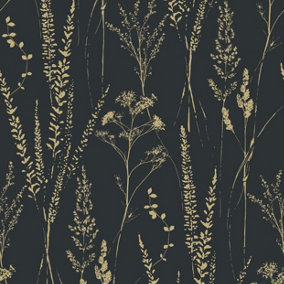 Grandeco Halm Grass & Flower Sprigs Blown Vinyl Wallpaper, Black Gold