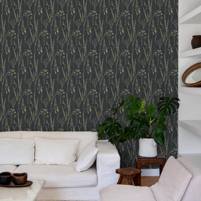 Grandeco Halm Grass & Flower Sprigs Blown Vinyl Wallpaper, Black Gold