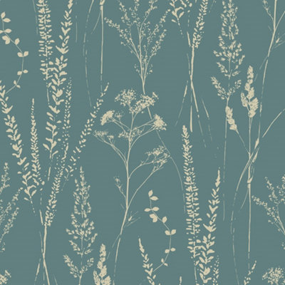 Grandeco Halm Grass & Flower Sprigs Blown Vinyl Wallpaper, Green