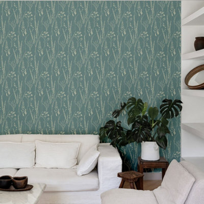 Grandeco Halm Grass & Flower Sprigs Blown Vinyl Wallpaper, Green