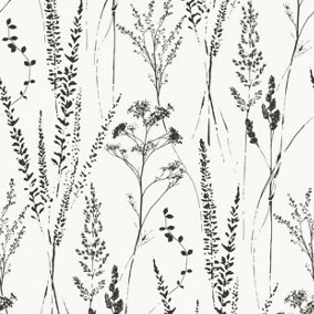 Grandeco Halm Grass & Flower Sprigs Blown Vinyl Wallpaper, White