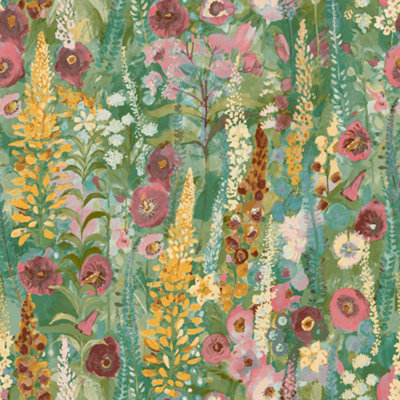 Grandeco Hand painted Delphinium Forest Floral Garden Textured Wallpaper, Green Pink