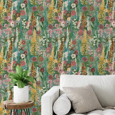 Grandeco Hand painted Delphinium Forest Floral Garden Textured Wallpaper, Green Pink