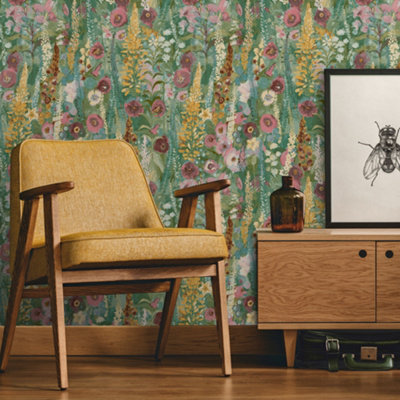 Grandeco Hand painted Delphinium Forest Floral Garden Textured Wallpaper, Green Pink